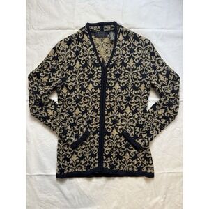 VTG Dana Buchman Wool Blend Zip Up Cardigan Sweater Black Gold French Sz P SMALL